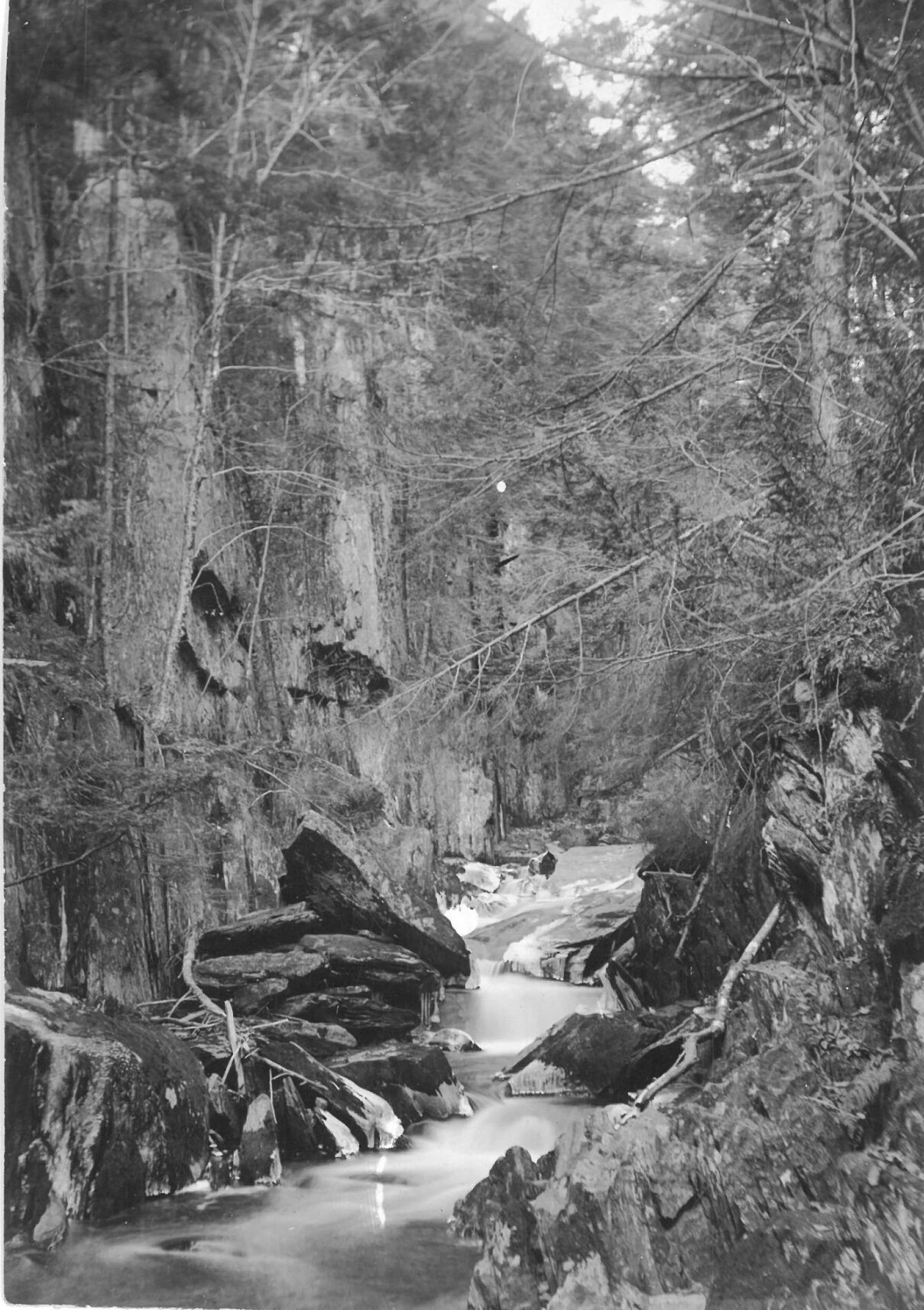 Windsor Jambs Gorge, where perpendicular walls rise to a height of 90 feet. The gorge is surrounded by spruces and a hemlock forest of great beauty. Jan. 4, 1920
